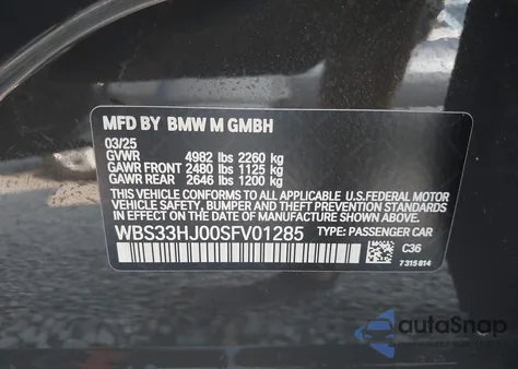 2025 BMW M3 Competition xDrive from USA, damaged, VIN WBS33HJ00SFV01285
